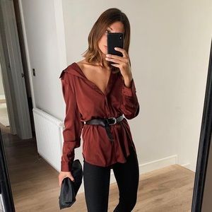 H&M Brown Satin Button Down Shirt | Blouse